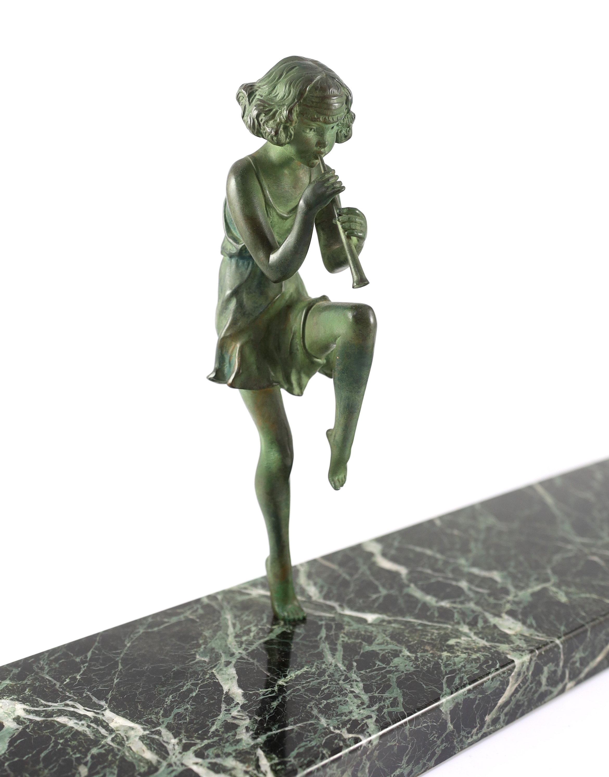 Philippe Matteau (Matto). An Art Deco bronze and marble group of three dancing pan pipers, 80cm wide, 15cm deep, 40cm high